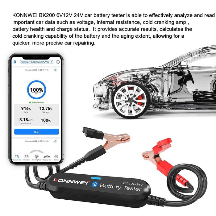 Безжичен тестер за акумулатори KONNWEI BK200