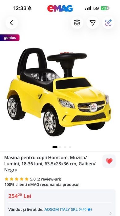 Vand Masina pentru copii Homcom, nefolosita,Muzica/Lumini, potrivita pentru 18-36 luni