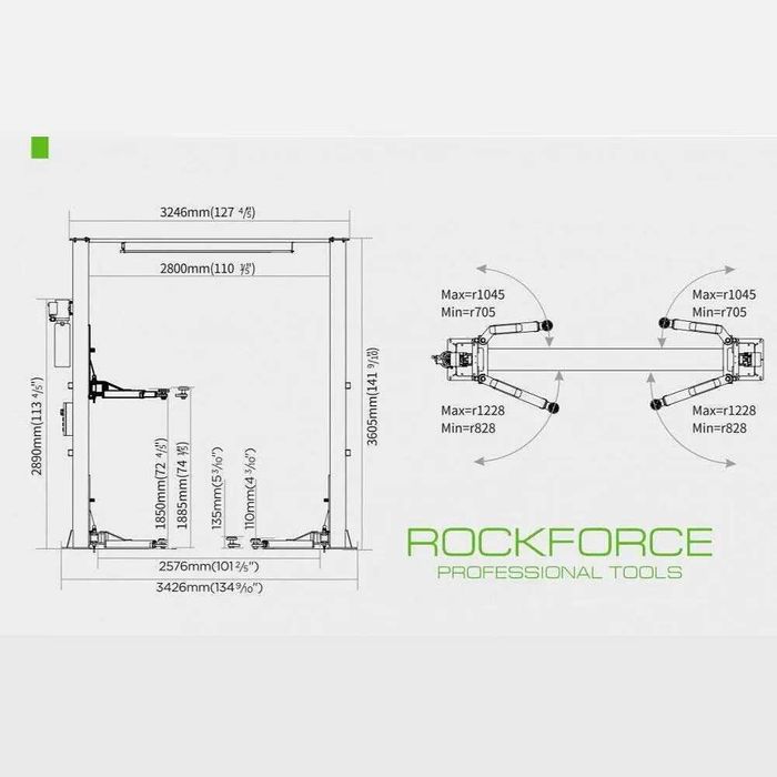 НЕМСКИ Подемник Електрохидравличен Двуколонен 4 т 110-1885 мм ROCKFORCE RF-4.0-2А - 2.2kW, 220V или 380V С Горна Синхронизация + ЛЕД ФЕНЕР