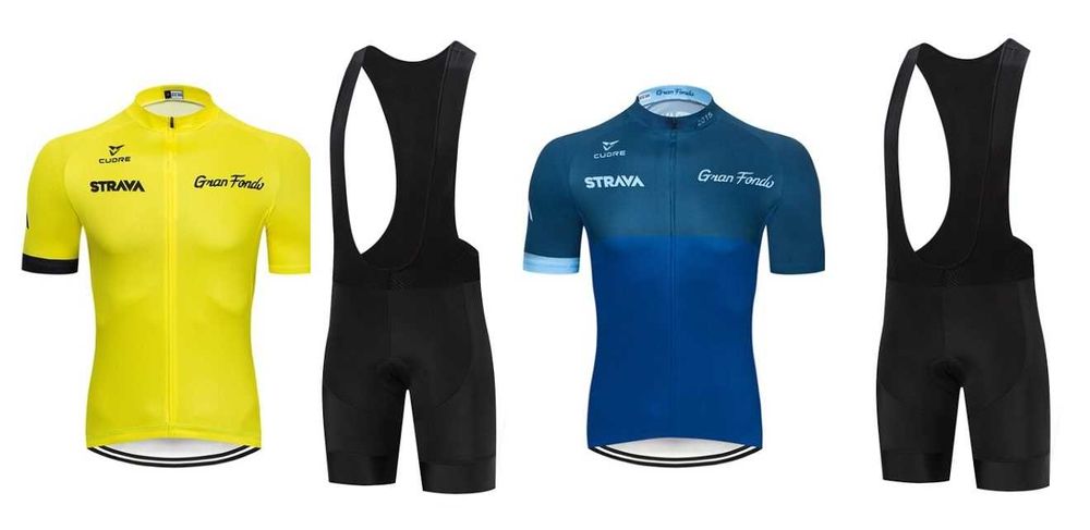 Echipament ciclism Strava galben sau albastru NOU set pantaloni tricou