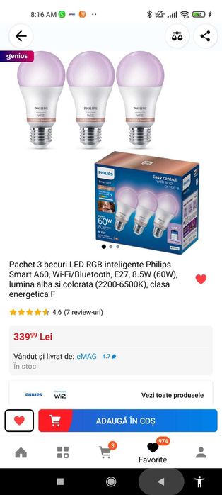 3 x bec LED RGB Philips Smart A60, Wi-Fi/Bluetooth, 8.5W, 2200-6500K