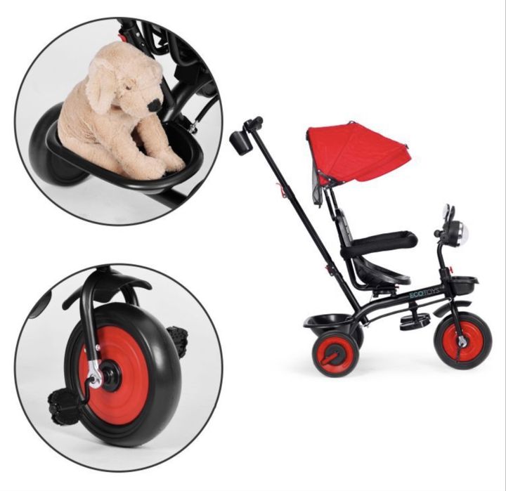 Детска триколка, количка, 3 в 1, въртяща се седалка, червен сенник