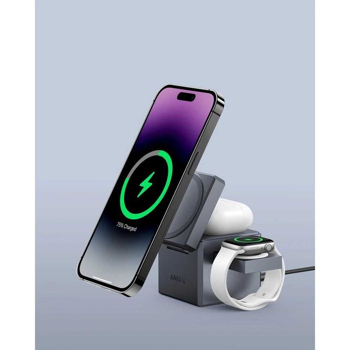 Anker 3in1 Cube мрежово безжично зарядно телефон, слушалки и часовник, 15W, MagSafe, сив