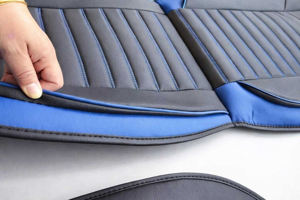 Луксозна универсална кожена тапицерия - черна или черна със син шев