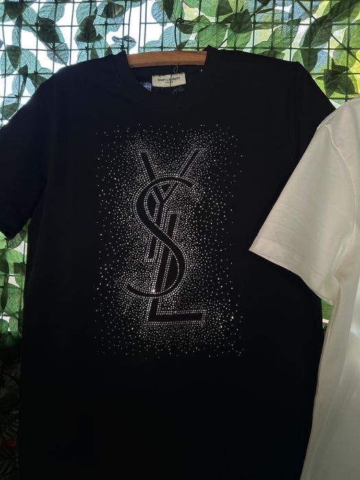 Tricou Saint Laurent alb cu cristale – Premium s-xxl