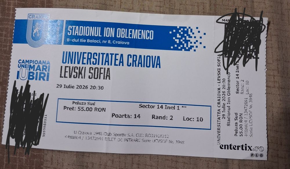 Vând bilet la meciul Universitatea Craiova vs LEVSKI SOFIA
