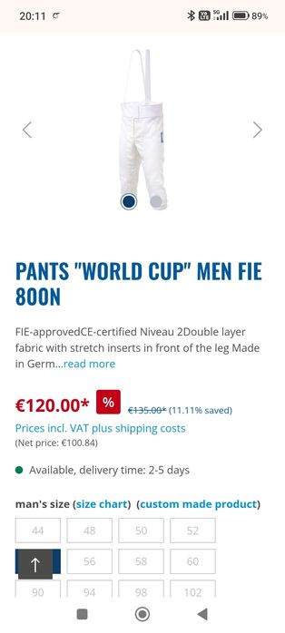 Pantaloni scrimă Ulhmann "World Cup" Men FIE 800N