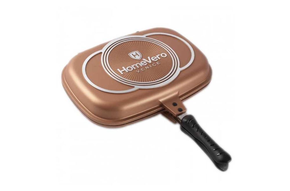 Tigaie grill dubla HomeVero HV-DP36M, 36 cm, Acoperire Marmura, Bronz