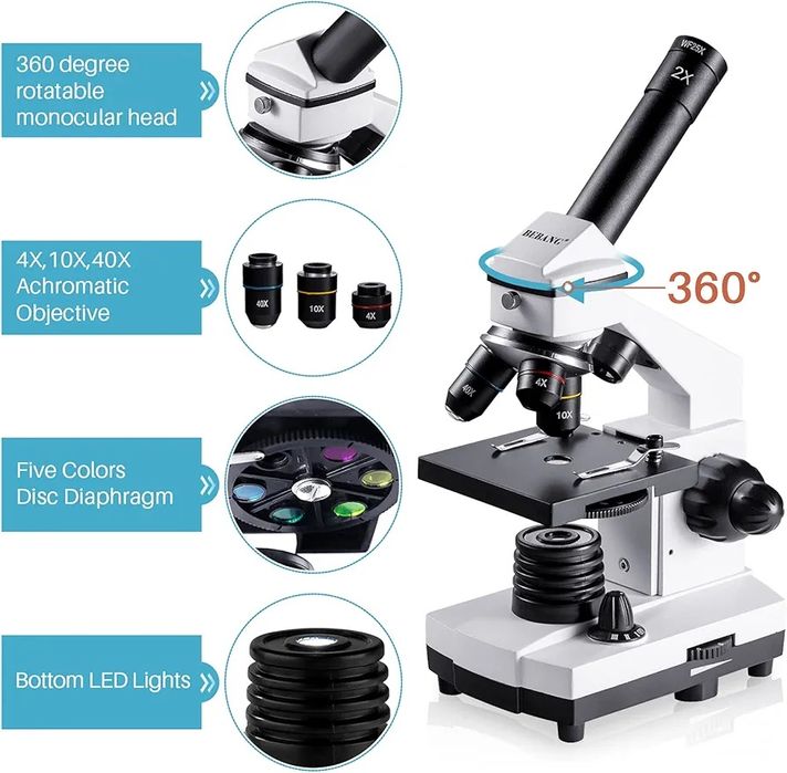 Биологичен Микроскоп BEBANG 100X-2000X, 2х LED осветяване, аксесоари