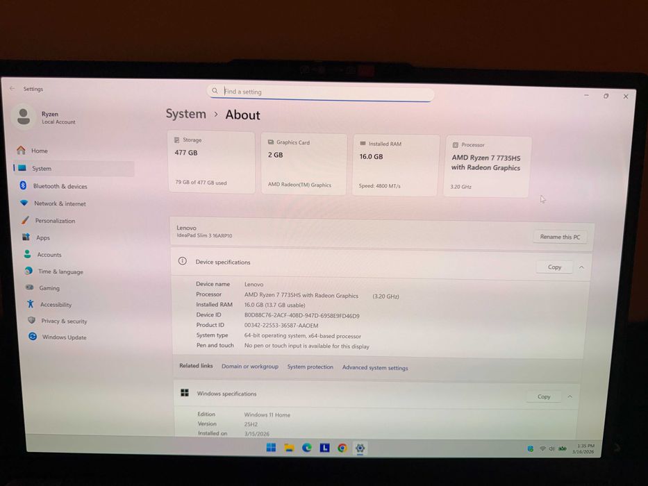 Lenovo 16" OLED 120Hz • Ryzen 7 7735HS • 16GB • Nou (1 ciclu)