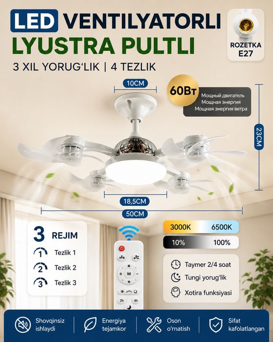 Ventelyator qandil, Led, pultli, 3ta yoritish tizimi, 4ta aylantirish