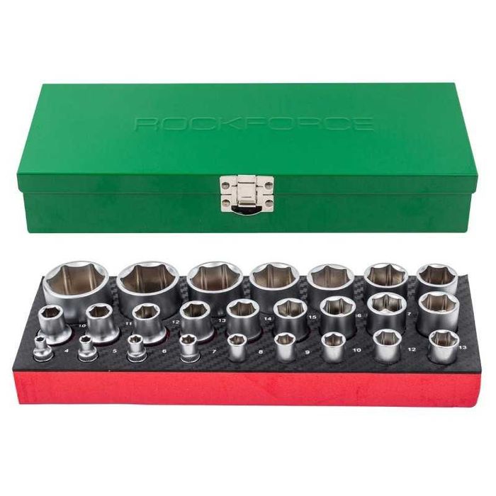 НЕМСКИ Комплект Вложки 25 Части 1/4"&1/2" 4-32mm ROCKFORCE + ЛЕД ФЕНЕР