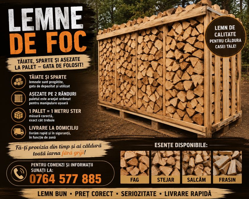 PRET BOMBA lemne de foc tăiate și sparte la palet – fag, stejar, salcâm, frasin
