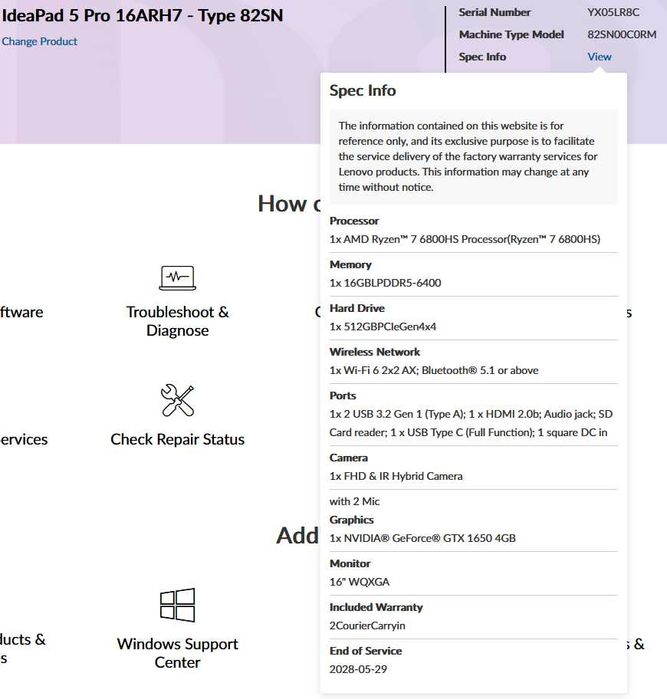 Лаптоп Lenovo IdeaPad 5 Pro 16ARH7,R7 6800HS,16GB RAM,GTX1650