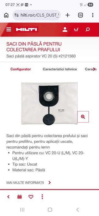 Saci  Hilti Vc 20/150 din pâslă pentru colectarea prafului  Nou