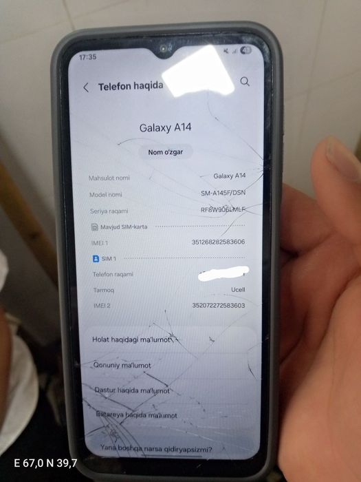 Telefon nomi A14 aybi ekran singan xotira 64: narx 700  min