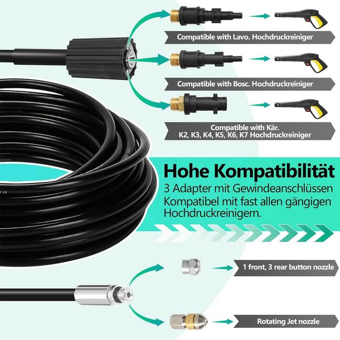 Нов маркуч за отпушване канали 20m С ДВЕ ДЮЗИ за KÄRCHER, BOSCH и др.
