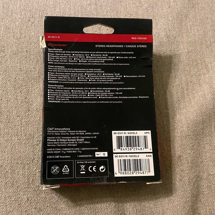 Căști sport Pioneer SE-E511-R roșii, stereo, cablu 1,2m, rezistente