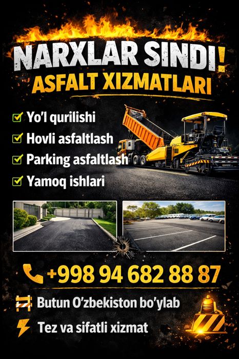 Asfalt yotqizish xizmati Tosh shaxar va viloyatlar buylab