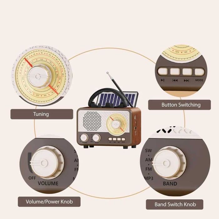 Преносимо соларно радио с Bluetooth - ретро дизайн