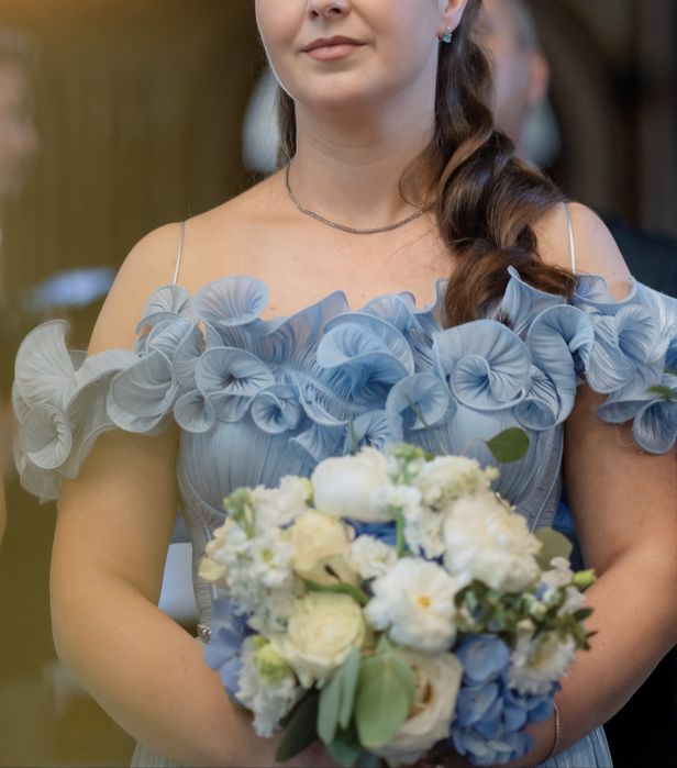 Rochie elegantă bleu pastel, cu aplicații florale 3D