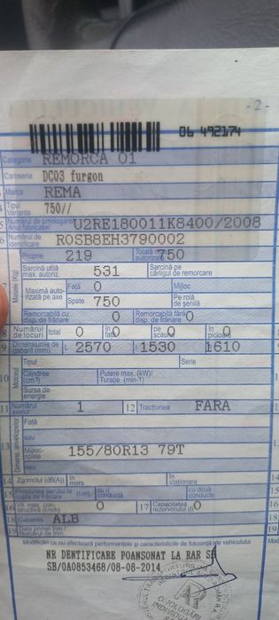 Vând Remorca Inchisa ( Furgon ) 750kg