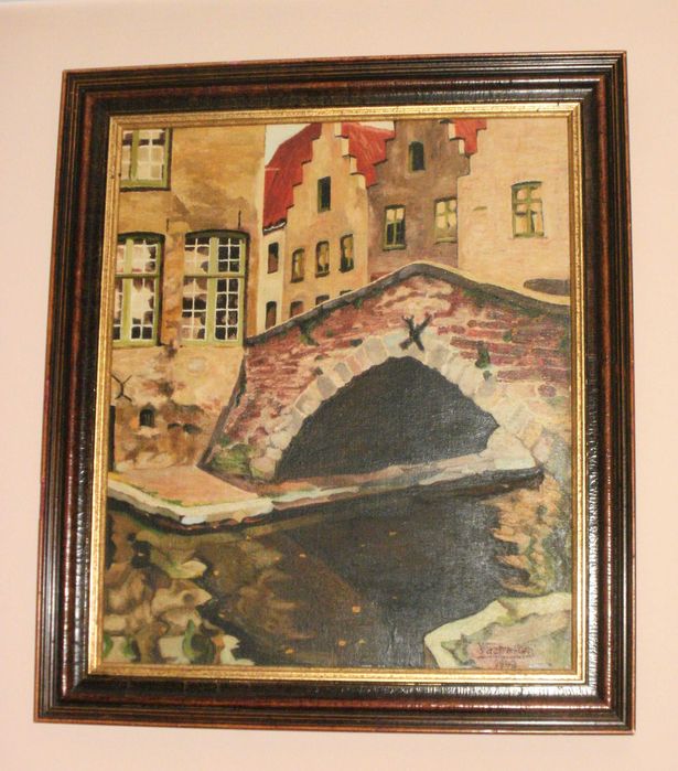 „Изглед към Брюж/ Мостът" в рамка, Белгия, Подпис: Jules Verstraeten