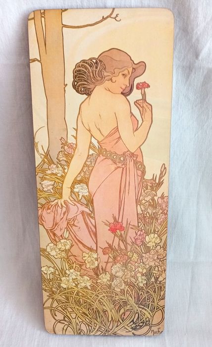 Алфонс Муха "Карамфил" винтидж репродукция върху дърво, Полша 70-80 те