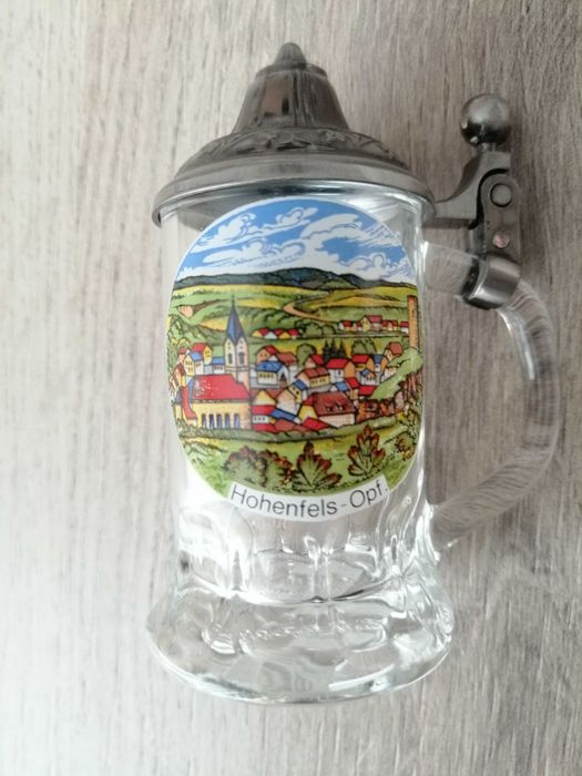Немска мини халба за шнапс / ракия с калаен капак Hohenfels (Бавария)