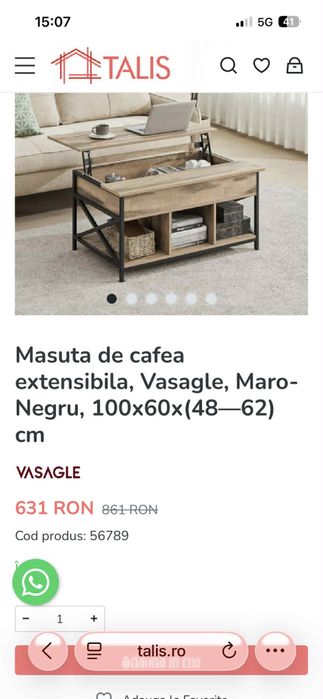Masuta de cafea extensibila Vasagle