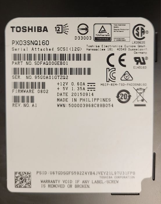 SAS SSD 1.6TB Toshiba PX03SNQ160 2.5" Enterprise