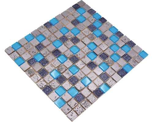 Mozaic sticlă-piatră naturală XCM CB 65 mix albastru 30x32,5 cm