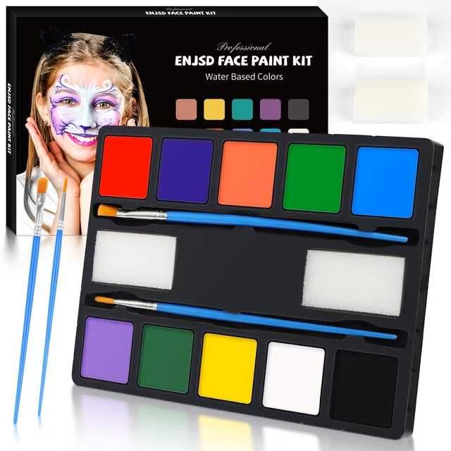 Set pictura pe fata si corp, 10 culori intense, 2 pensule, 2 bureti