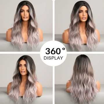 Peruca lunga ondulata Ombre negru gri pentru femei 55 cm