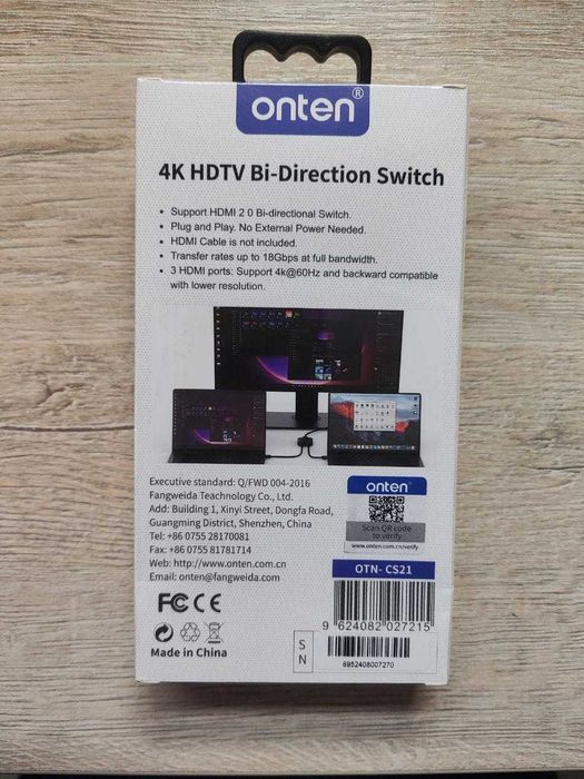 HDMI переключатель Onten OTN-CS21, 4K, 60 Гц, 2 в 1, 18 Гбит/с, 2.0