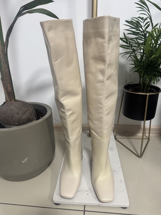 Cizme crem deschis din piele naturală bot pătrat și toc gros Zara 37