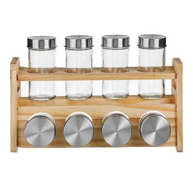 Дървена поставка за подправки Mercado Trade, с 8 стъклени буркана