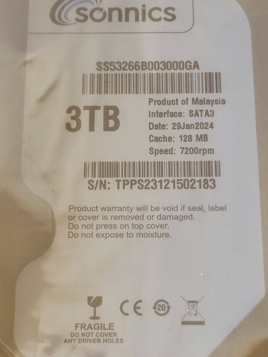 Hard Disk Sonnics 3 TB, SATA 3 , Cache 128Mb , Speed  7200 Rpm , made in  Malaysia