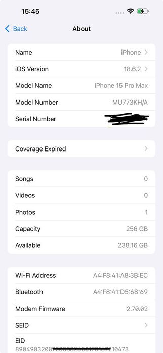 Iphone 15 pro max KH/A region battery 91% 320 cycle