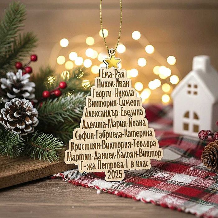 Персонализирана дървена коледна висулка с имена за клас/група
