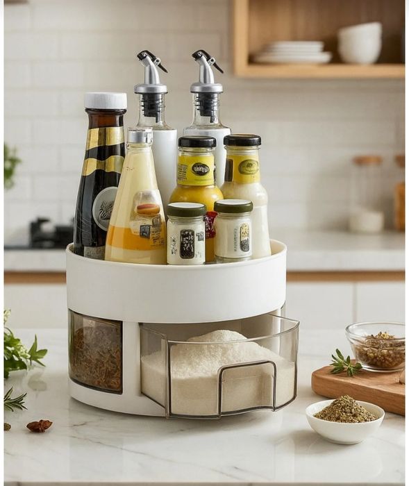 Organizator rotativ pentru bucatarie, cu sertare de condime