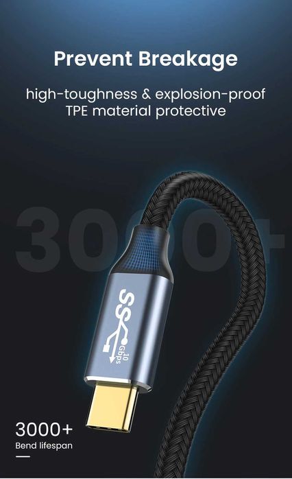 Кабел Type-C към Type-C, USB-C, USB 3.1 Gen2 5A 100W 10Gbps 4K + Гаран