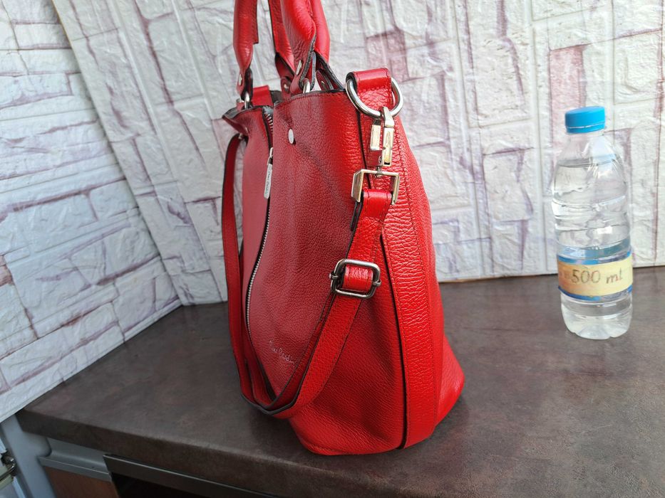 дамска чанта Pierre Cardin,голяма червена-естествена кожа