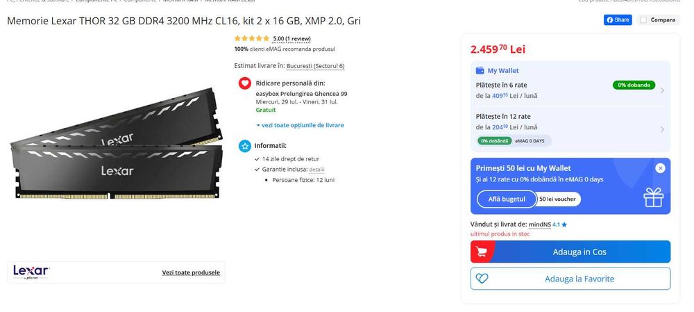 Kit RAM Lexar Thor Dark Grey 32GB DDR4 3200MHz CL16 (2x16GB)