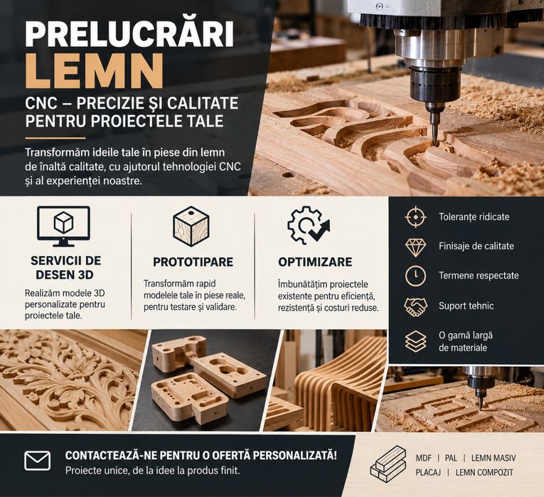 Servicii Prelucrare CNC 5 axe Lemn+Proiectare și Desen 3D Profesional