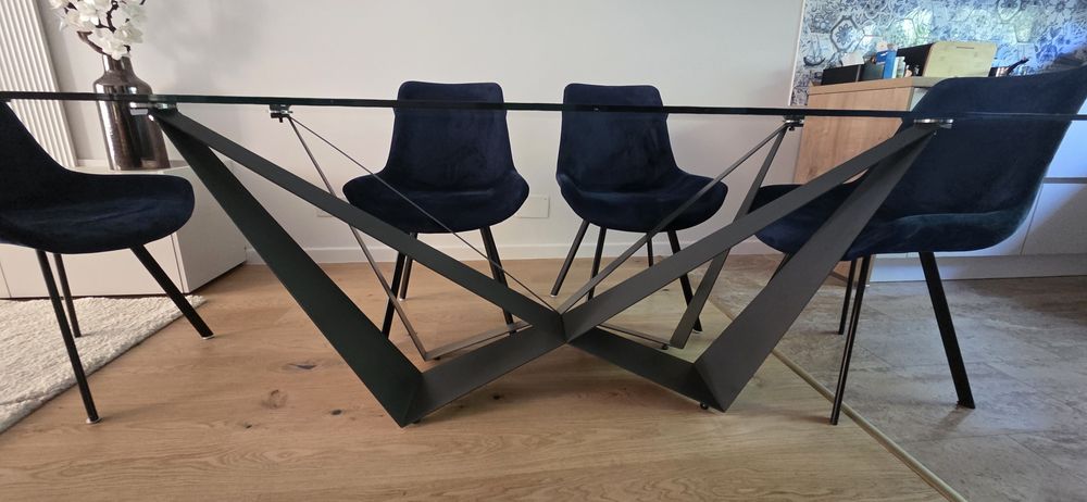 *Set dining – masă sticlă 200x100 cm + 6 scaune catifea bleumarin