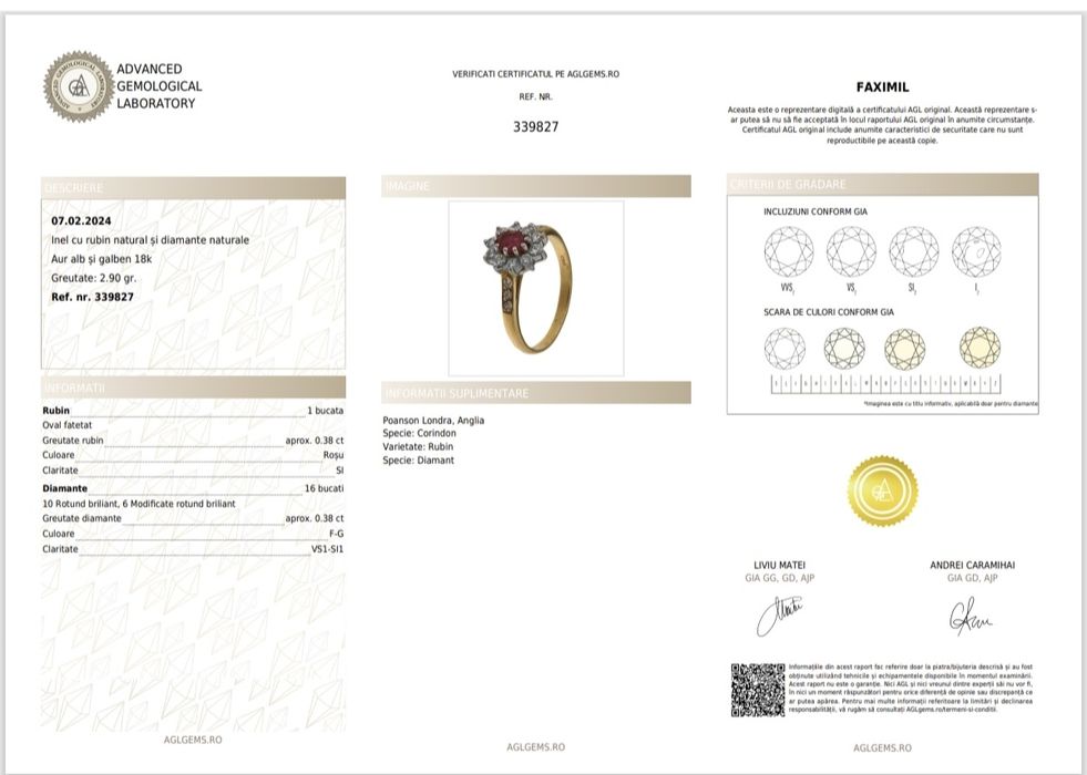 Inel Aur 18k cu Rubin Natural si 16 Diamante Certificat AGL Marime 53