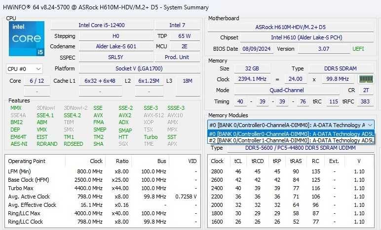 RAM Adata 32GB(2x16GB) DDR5 5600MHz