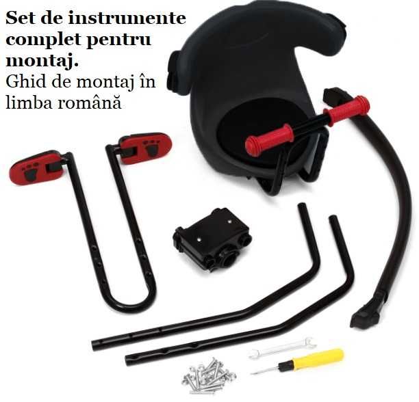 Scaun copil bicicleta, cu montaj pe cadru, cu toate accesoriile, negru