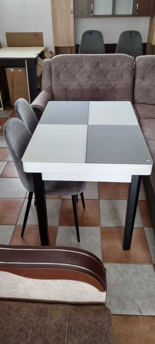 Masa noua extensibila bucatarie ,blat sticla alb-gri